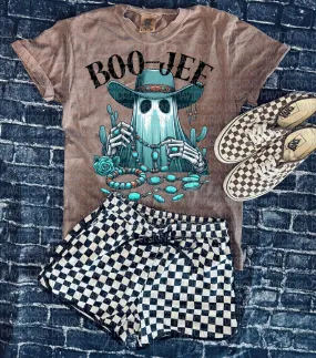Turquoise BOOJEE ghost on espresso brown graphic tee // shorts available separately