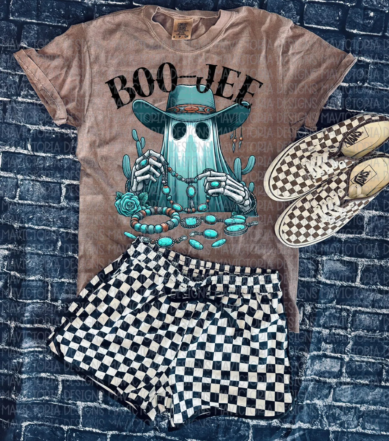 Turquoise BOOJEE ghost on espresso brown graphic tee // shorts available separately