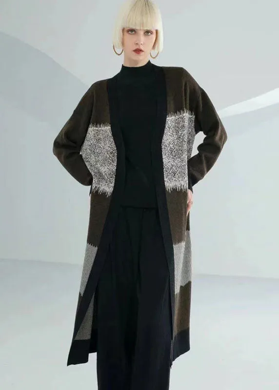 Unique Chocolate Green V Neck Patchwork Print Wool Knit Cardigan Long Sleeve