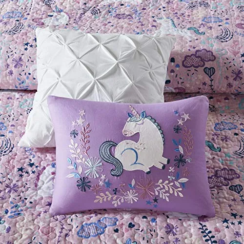 Urban Habitat Kids Lola Reversible Cotton Unicorn Floral Flower Botanical Printed Embroidered Pillow Soft Down Alternative Hypoallergenic Season Coverlet Quilts Bedding-Set, Full/Queen, Pink