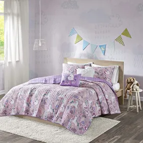 Urban Habitat Kids Lola Reversible Cotton Unicorn Floral Flower Botanical Printed Embroidered Pillow Soft Down Alternative Hypoallergenic Season Coverlet Quilts Bedding-Set, Full/Queen, Pink