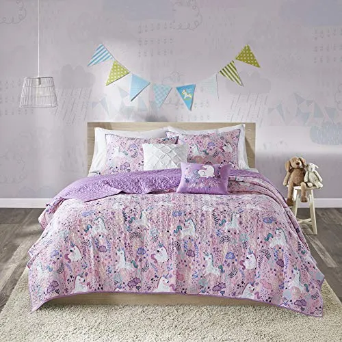 Urban Habitat Kids Lola Reversible Cotton Unicorn Floral Flower Botanical Printed Embroidered Pillow Soft Down Alternative Hypoallergenic Season Coverlet Quilts Bedding-Set, Full/Queen, Pink