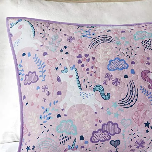 Urban Habitat Kids Lola Reversible Cotton Unicorn Floral Flower Botanical Printed Embroidered Pillow Soft Down Alternative Hypoallergenic Season Coverlet Quilts Bedding-Set, Full/Queen, Pink