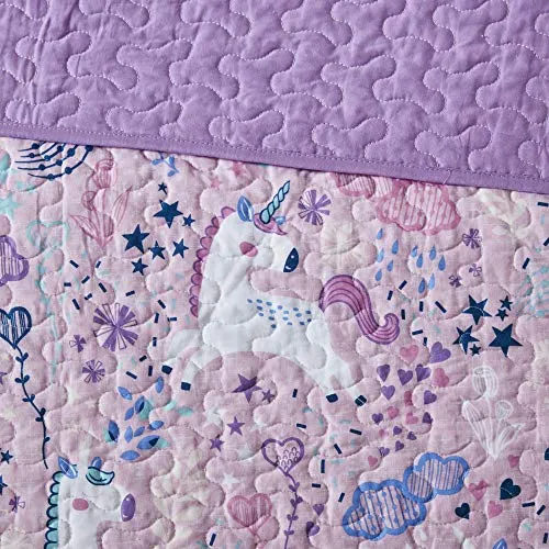 Urban Habitat Kids Lola Reversible Cotton Unicorn Floral Flower Botanical Printed Embroidered Pillow Soft Down Alternative Hypoallergenic Season Coverlet Quilts Bedding-Set, Full/Queen, Pink