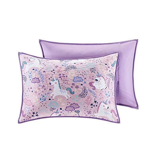 Urban Habitat Kids Lola Reversible Cotton Unicorn Floral Flower Botanical Printed Embroidered Pillow Soft Down Alternative Hypoallergenic Season Coverlet Quilts Bedding-Set, Full/Queen, Pink