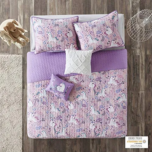 Urban Habitat Kids Lola Reversible Cotton Unicorn Floral Flower Botanical Printed Embroidered Pillow Soft Down Alternative Hypoallergenic Season Coverlet Quilts Bedding-Set, Full/Queen, Pink