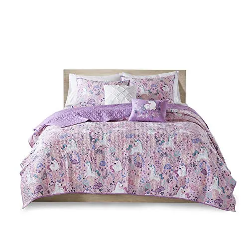Urban Habitat Kids Lola Reversible Cotton Unicorn Floral Flower Botanical Printed Embroidered Pillow Soft Down Alternative Hypoallergenic Season Coverlet Quilts Bedding-Set, Full/Queen, Pink