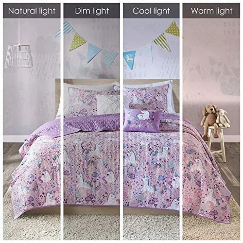 Urban Habitat Kids Lola Reversible Cotton Unicorn Floral Flower Botanical Printed Embroidered Pillow Soft Down Alternative Hypoallergenic Season Coverlet Quilts Bedding-Set, Full/Queen, Pink