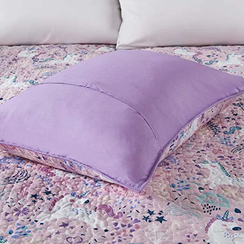 Urban Habitat Kids Lola Reversible Cotton Unicorn Floral Flower Botanical Printed Embroidered Pillow Soft Down Alternative Hypoallergenic Season Coverlet Quilts Bedding-Set, Full/Queen, Pink