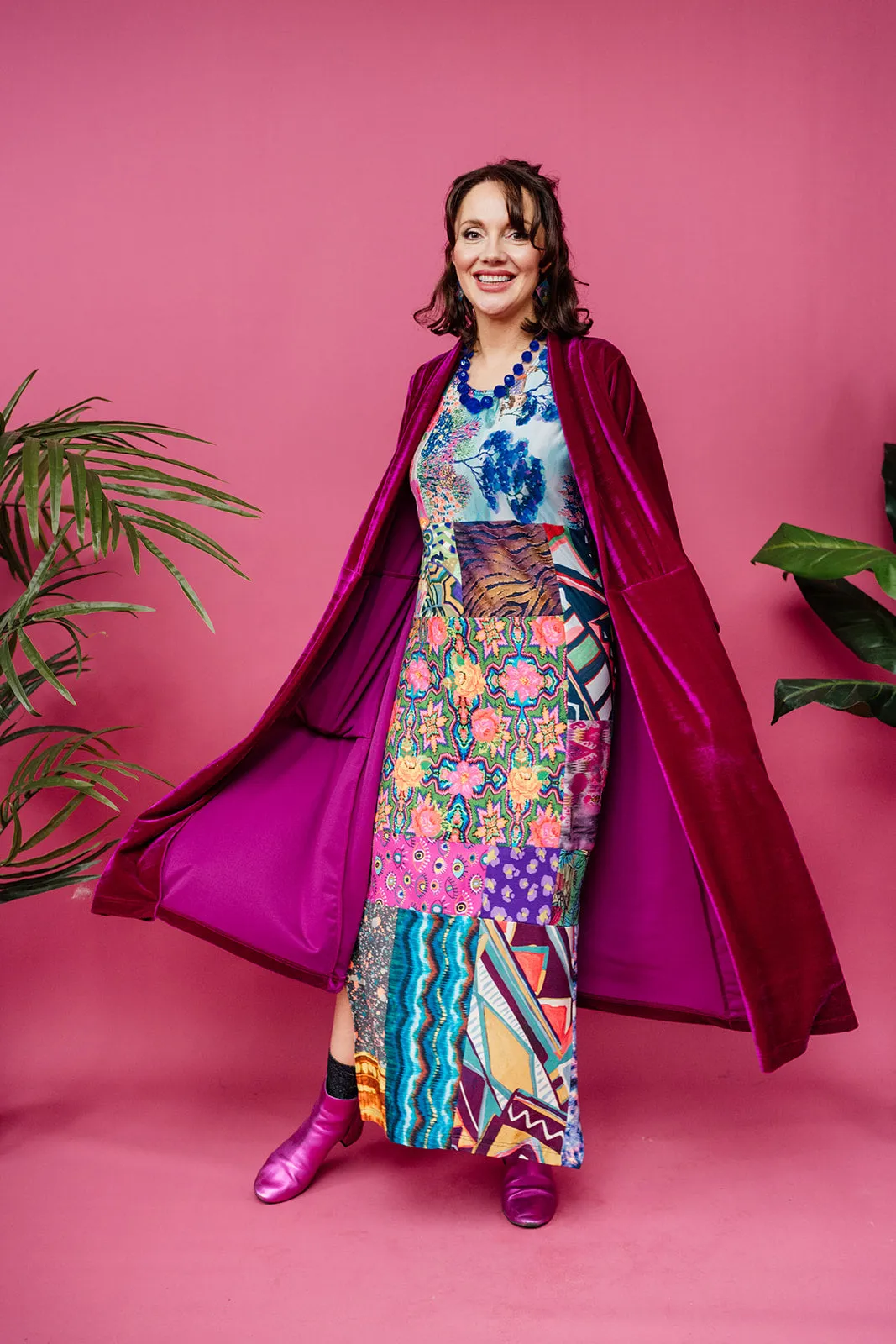 Velvet Ruffle Maxi Cardigan in Cerise