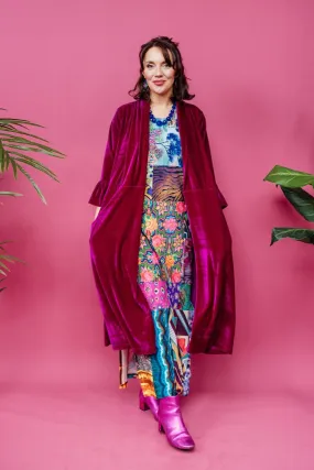 Velvet Ruffle Maxi Cardigan in Cerise