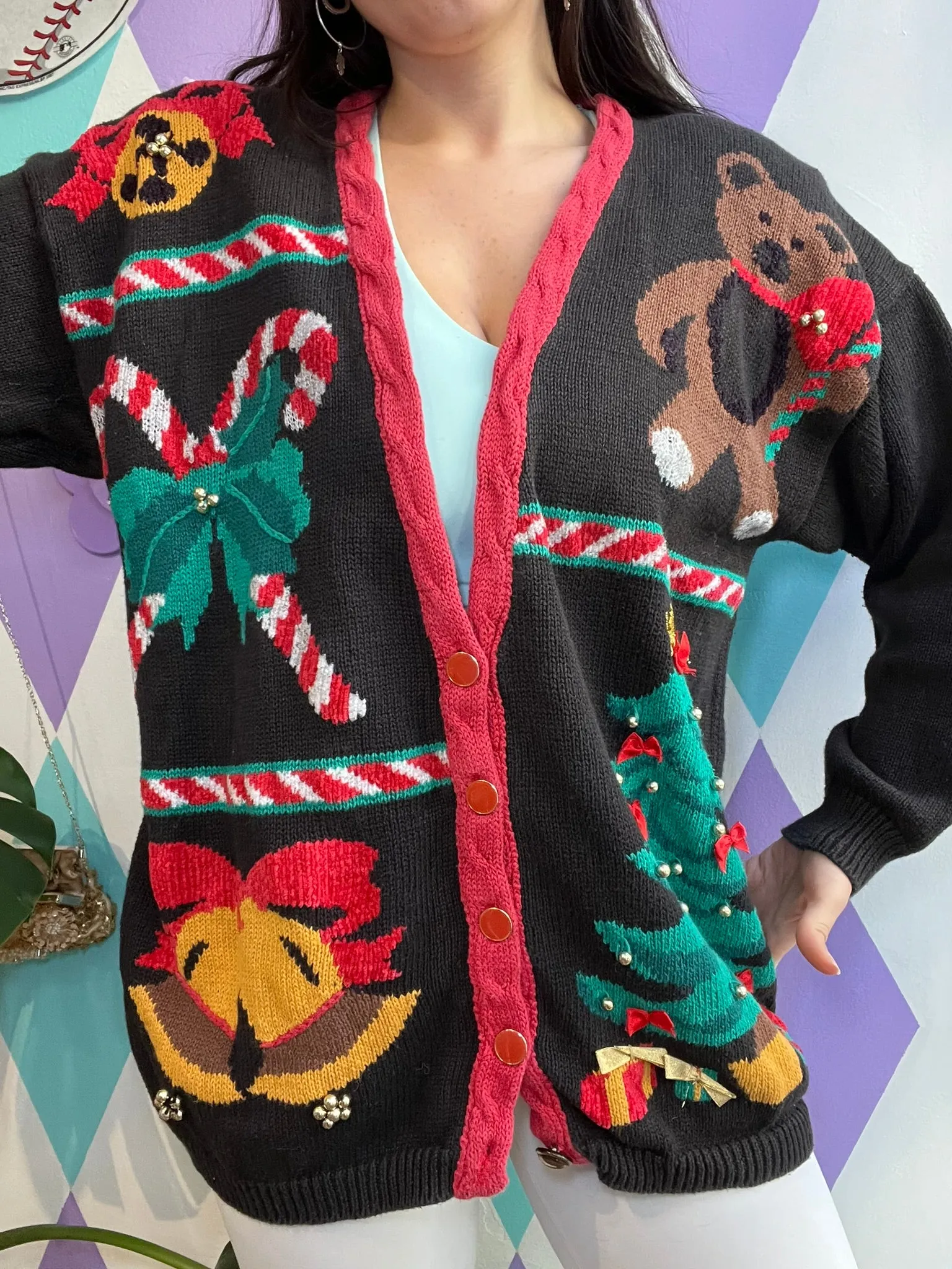 Vintage Christmas Patchwork Knit Cardigan Sweater