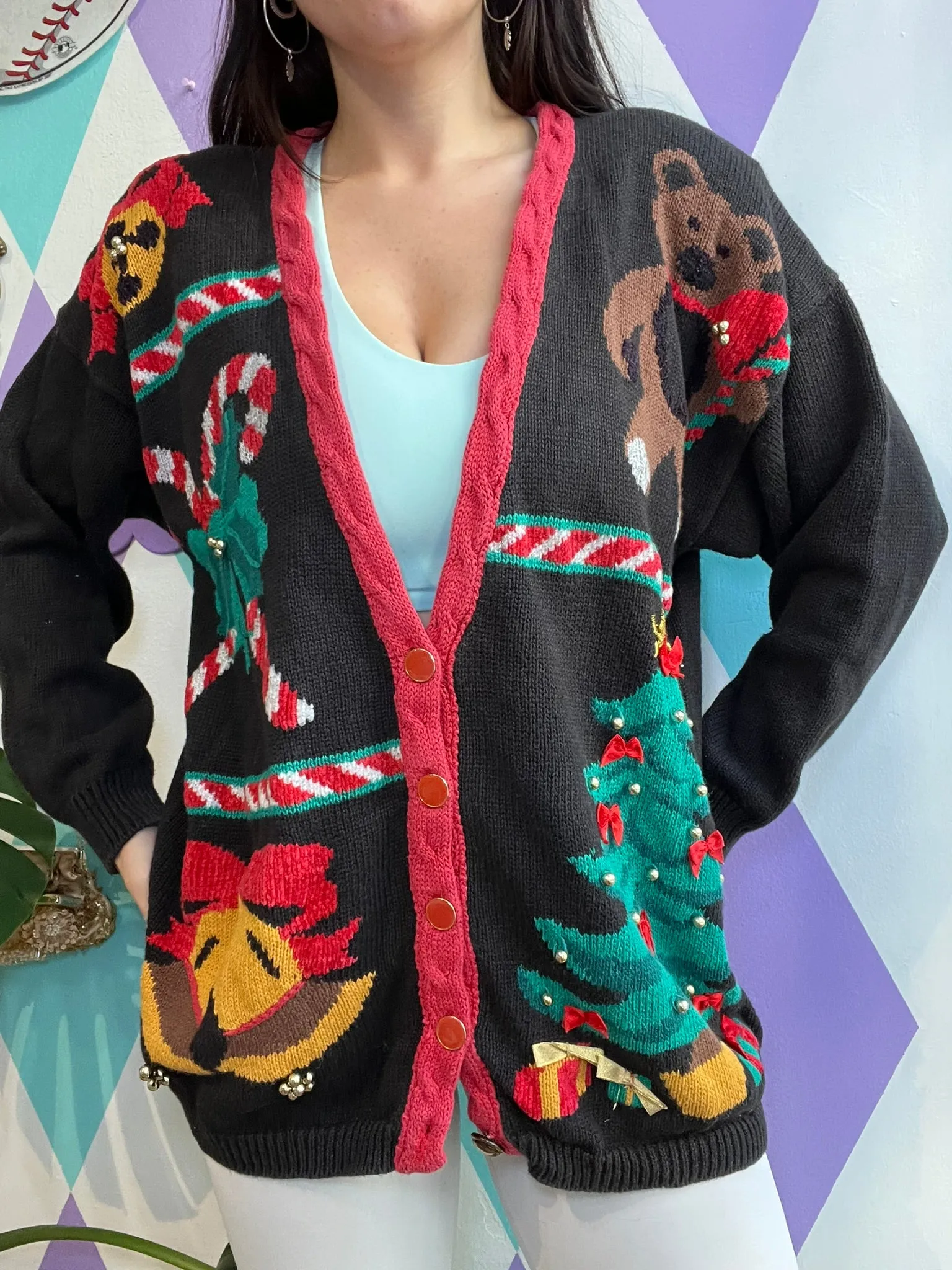 Vintage Christmas Patchwork Knit Cardigan Sweater