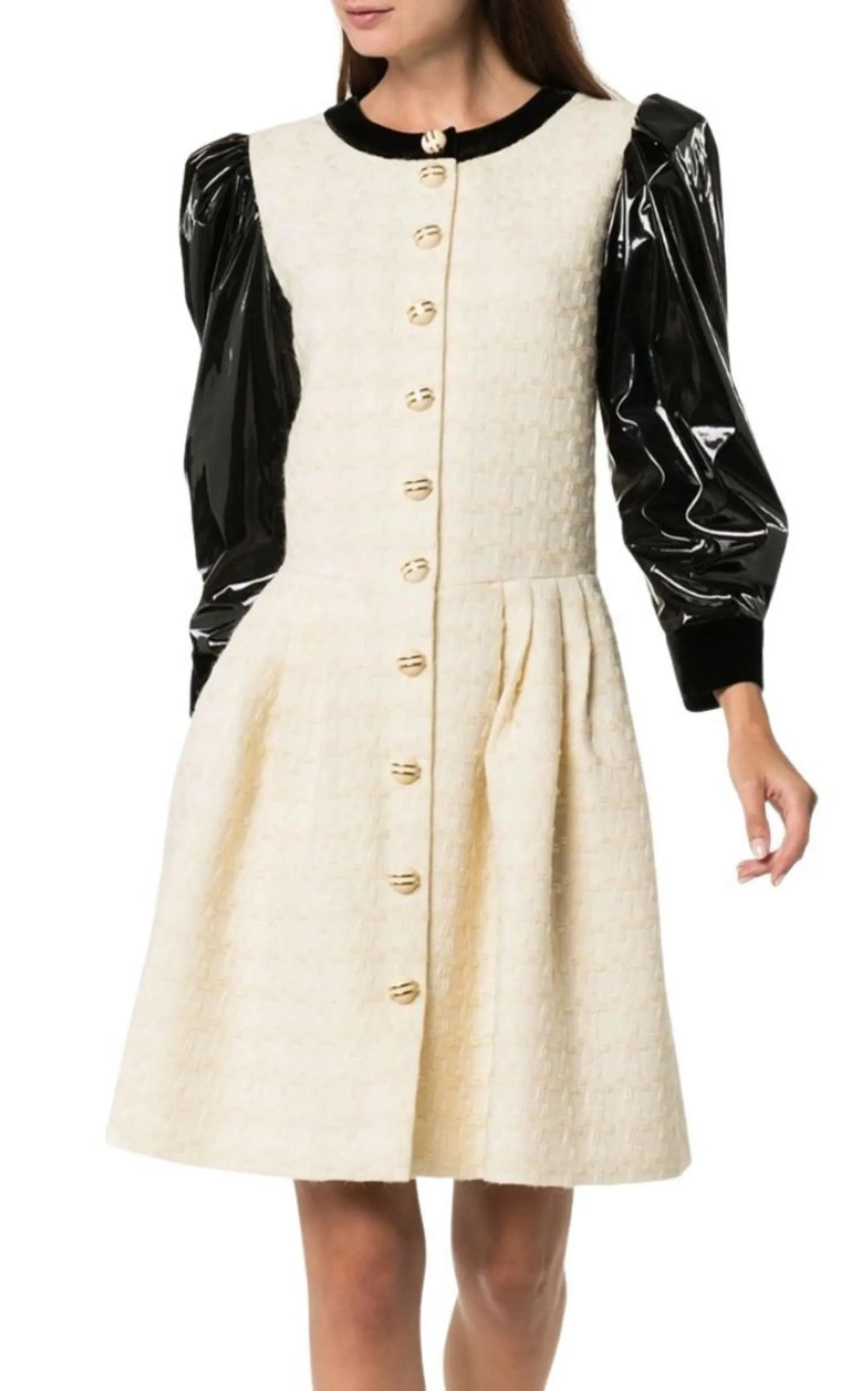 Vinyl-Sleeve Flared Mini Dress