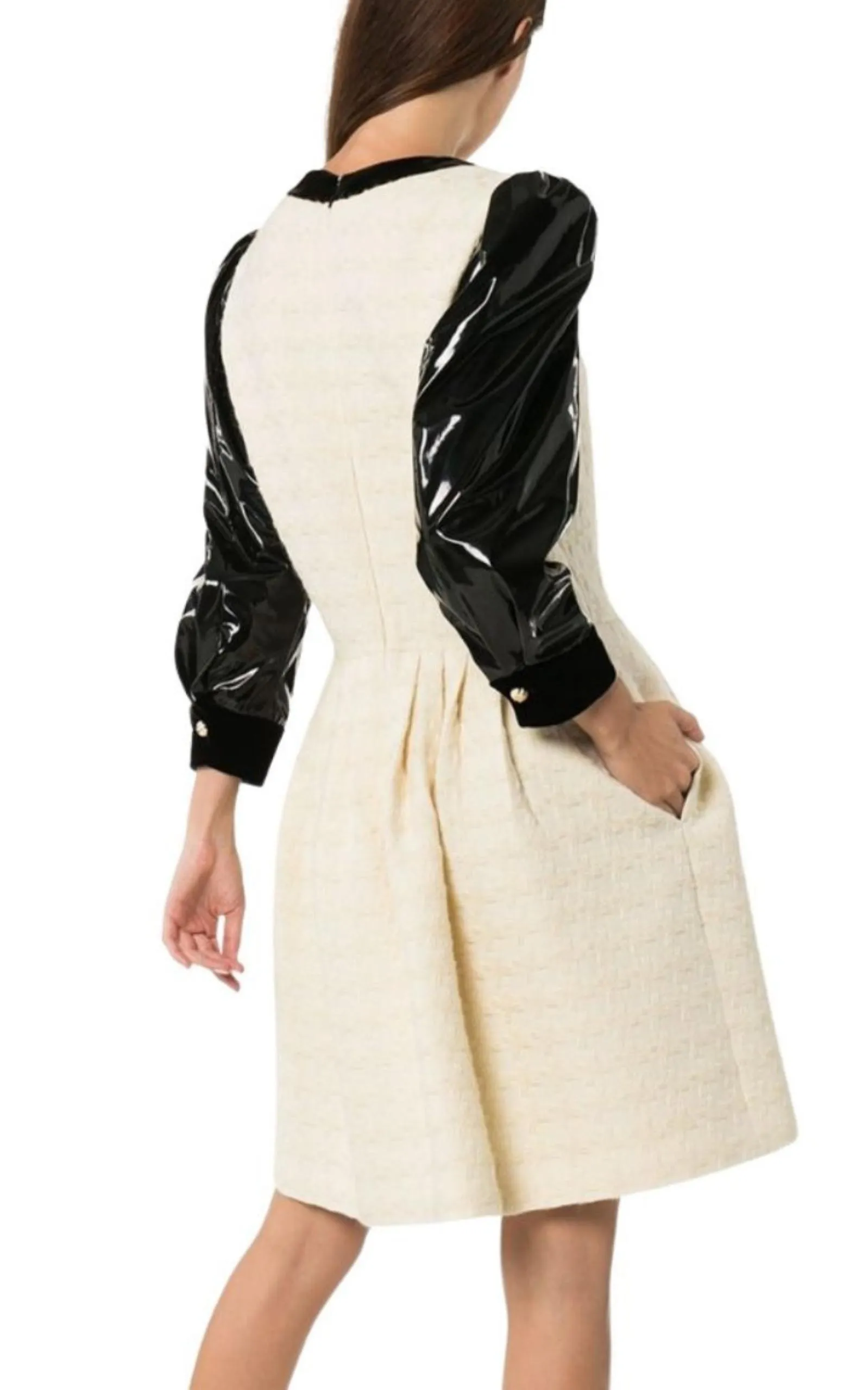 Vinyl-Sleeve Flared Mini Dress