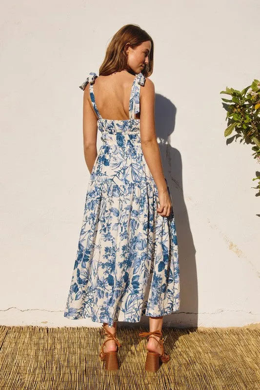 Waitlist 4/23 ♥ Tiara Sleeveless Shoulder Tie Floral Print Midi Dress Blue