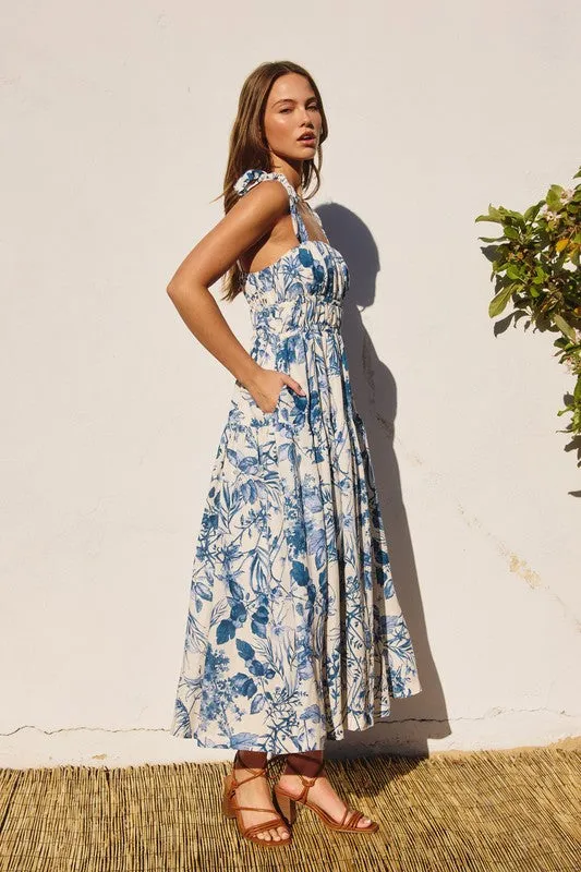 Waitlist 4/23 ♥ Tiara Sleeveless Shoulder Tie Floral Print Midi Dress Blue