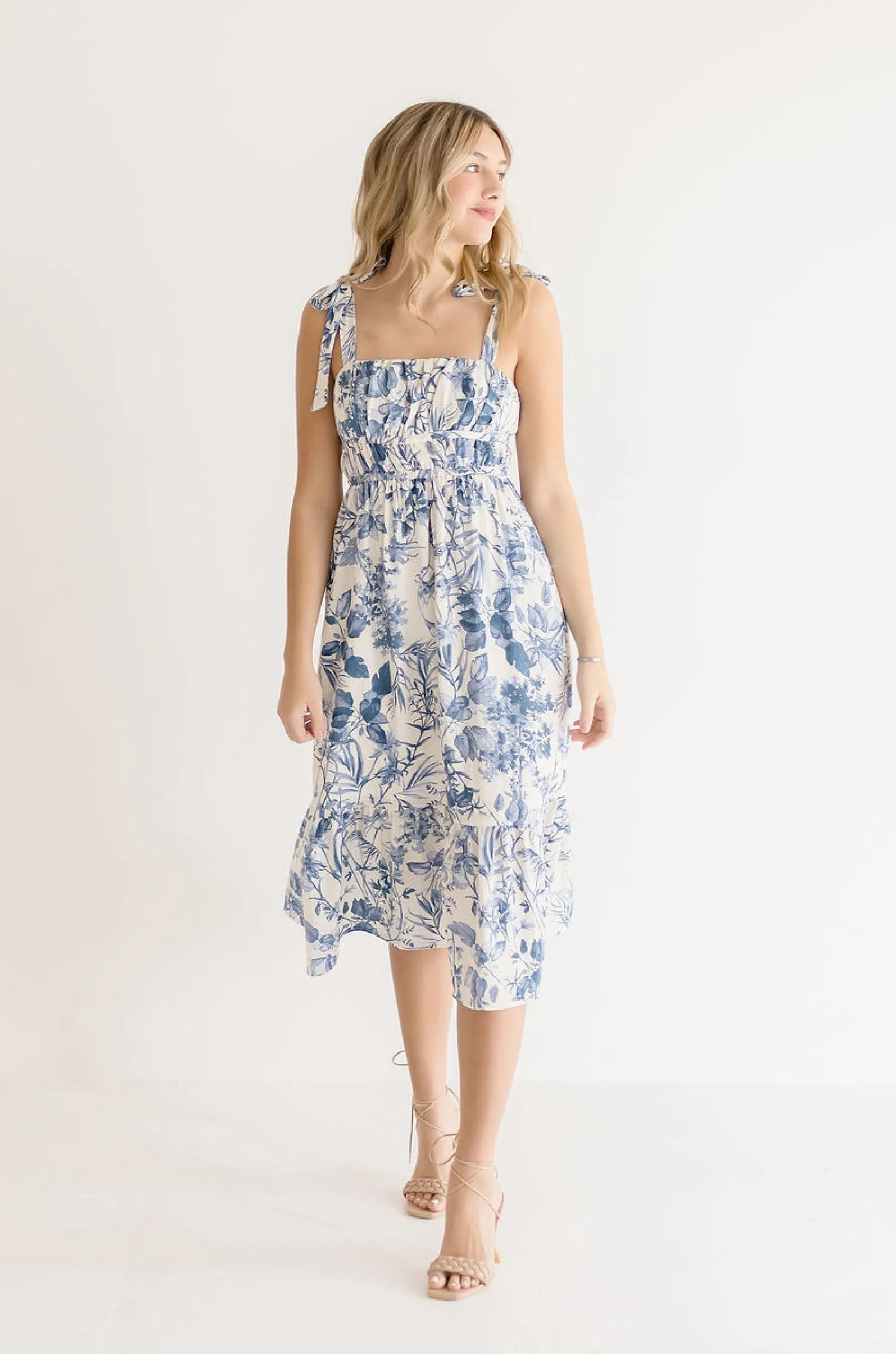 Waitlist 4/23 ♥ Tiara Sleeveless Shoulder Tie Floral Print Midi Dress Blue