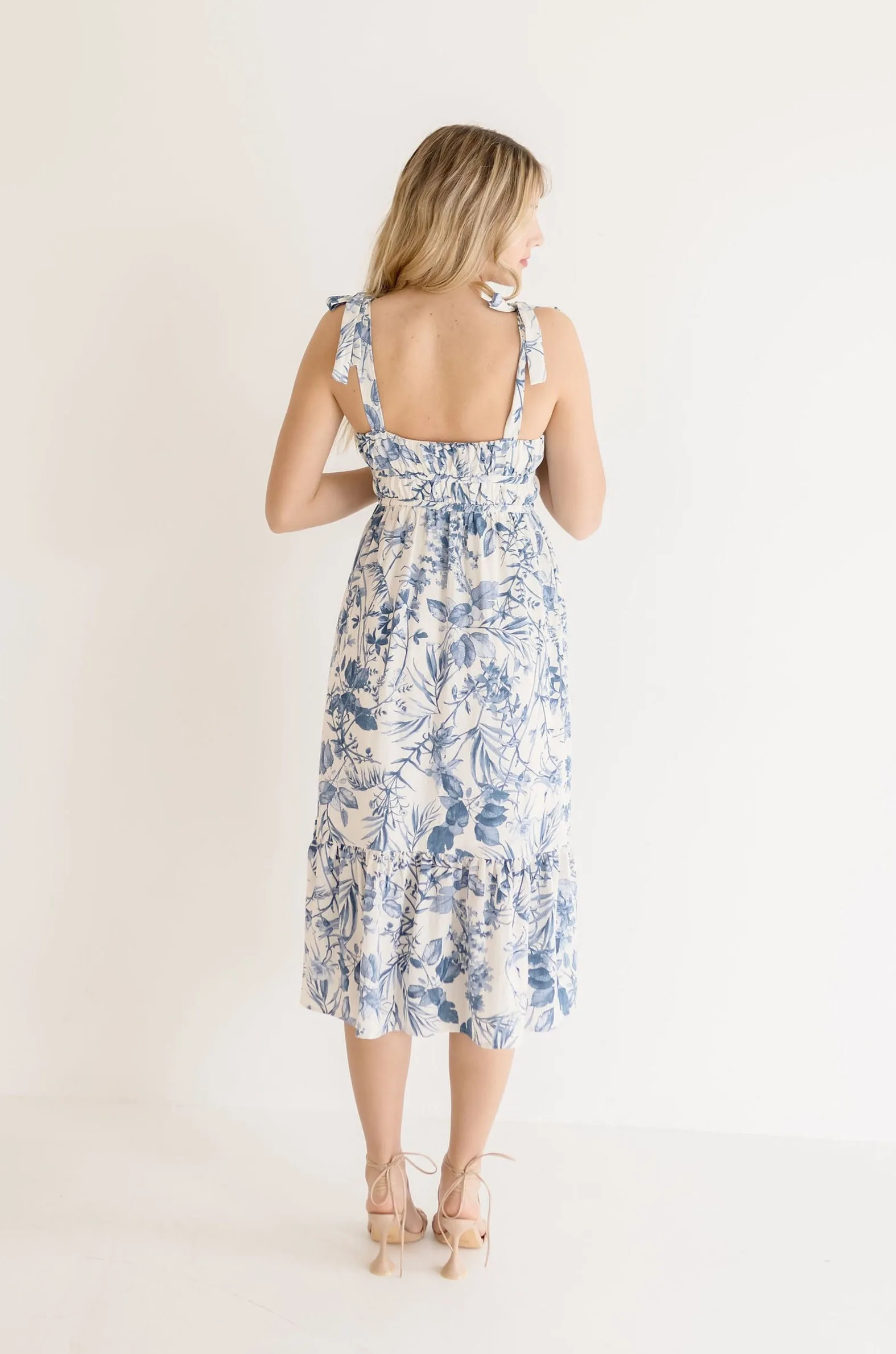 Waitlist 4/23 ♥ Tiara Sleeveless Shoulder Tie Floral Print Midi Dress Blue