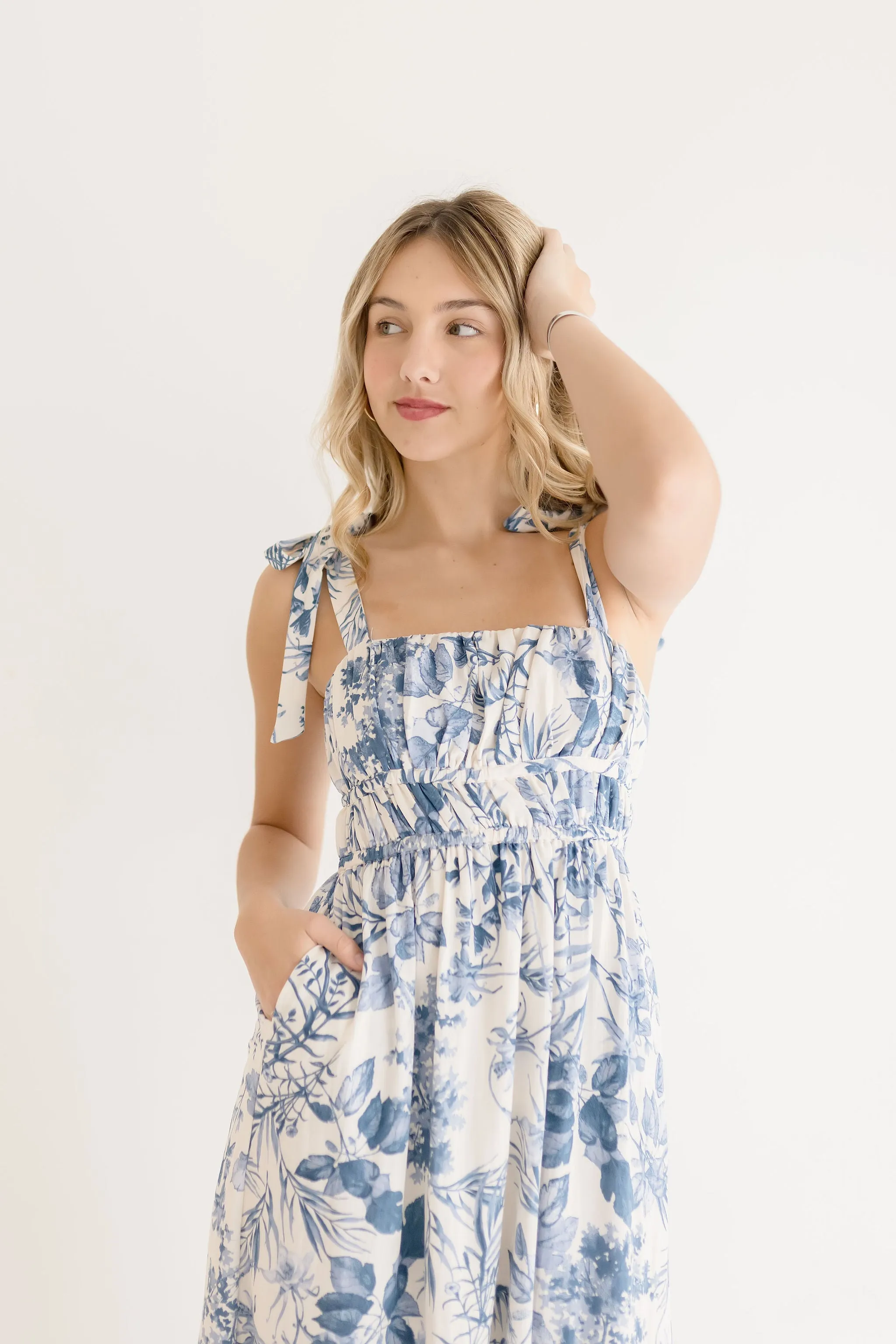 Waitlist 4/23 ♥ Tiara Sleeveless Shoulder Tie Floral Print Midi Dress Blue