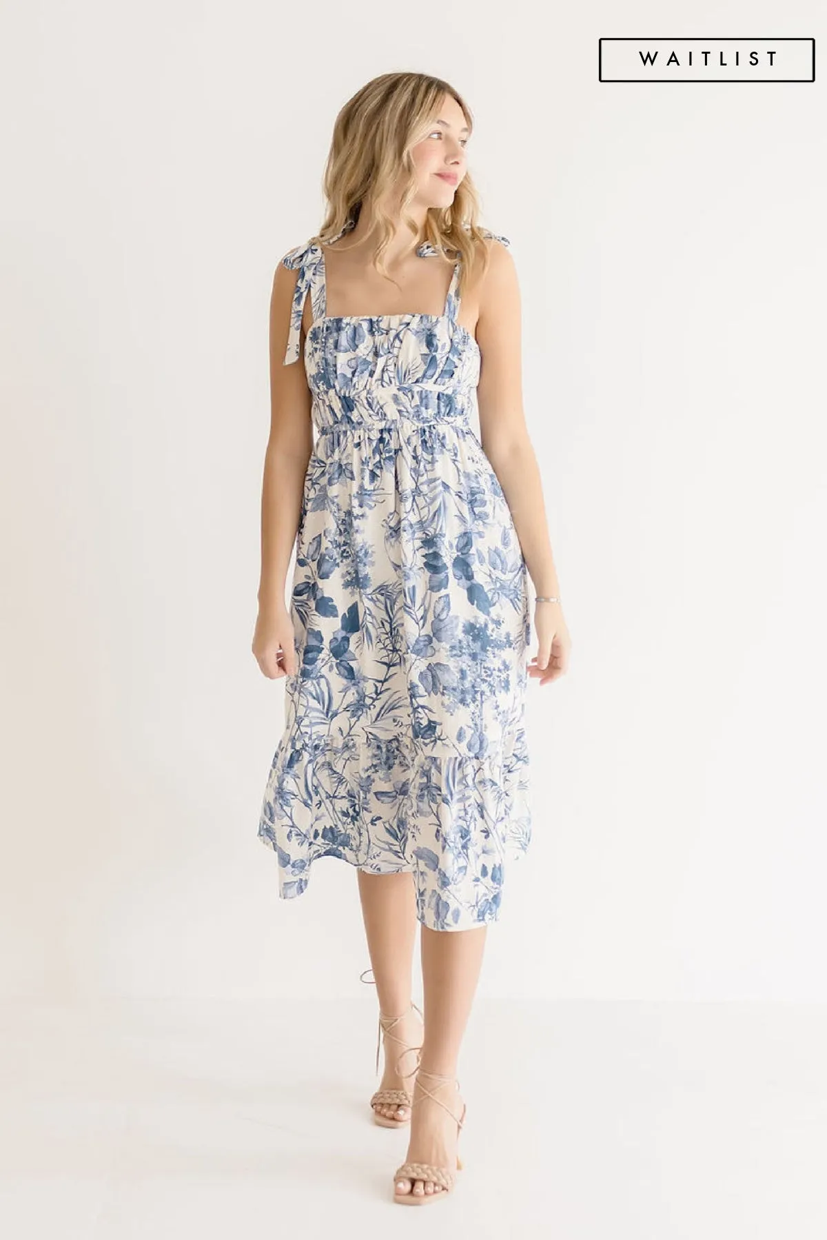 Waitlist 4/23 ♥ Tiara Sleeveless Shoulder Tie Floral Print Midi Dress Blue