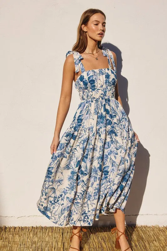 Waitlist 4/23 ♥ Tiara Sleeveless Shoulder Tie Floral Print Midi Dress Blue