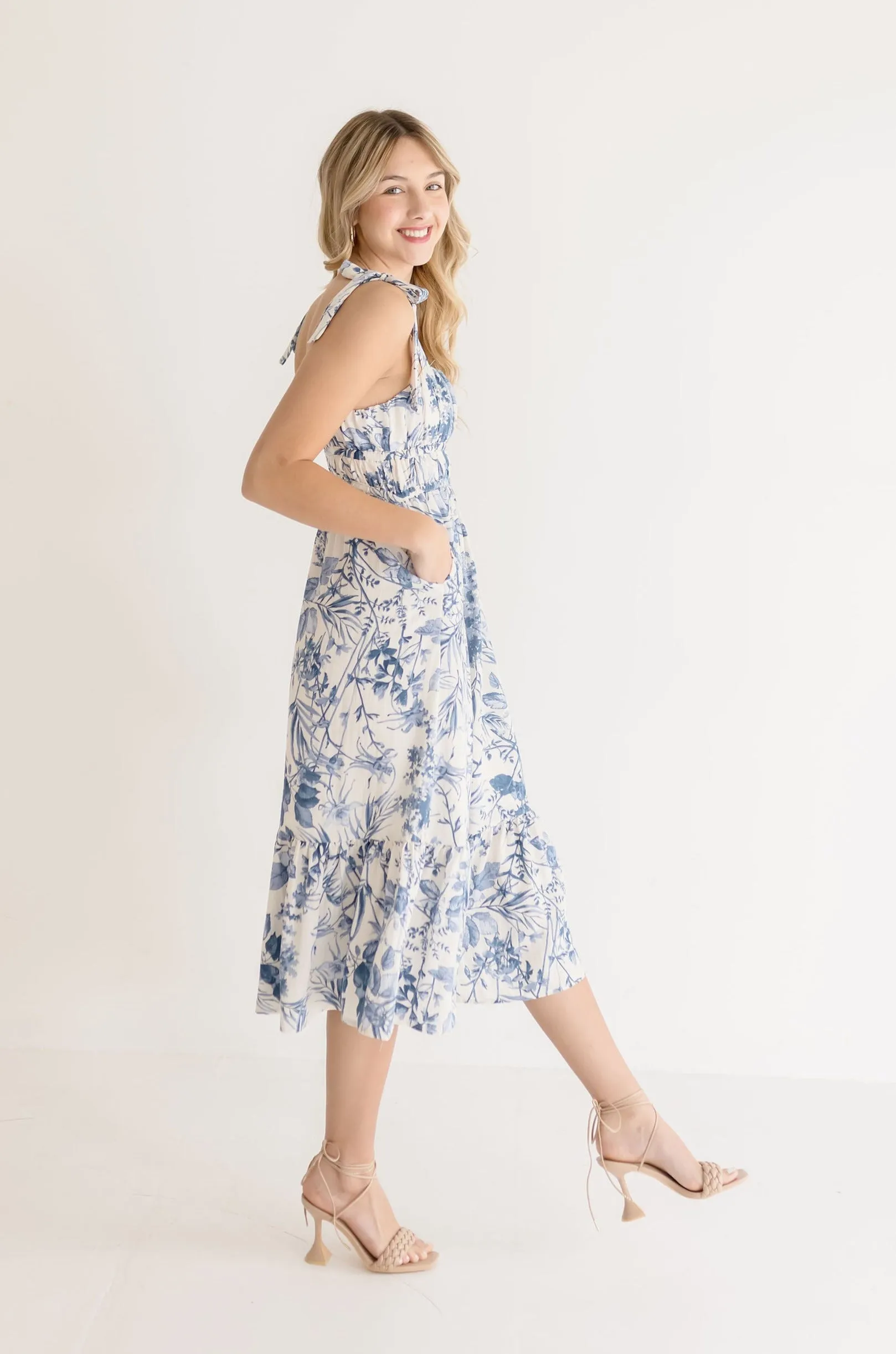 Waitlist 4/23 ♥ Tiara Sleeveless Shoulder Tie Floral Print Midi Dress Blue