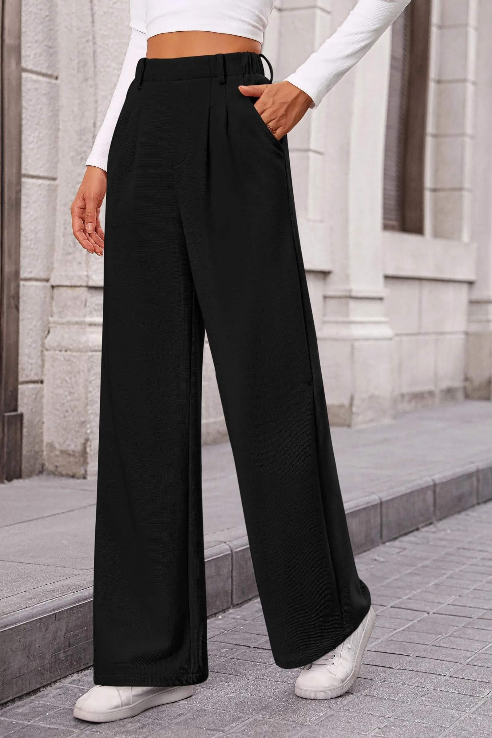 Wide Leg Casual High Elastic Waisted Work Office Palazzo Pants