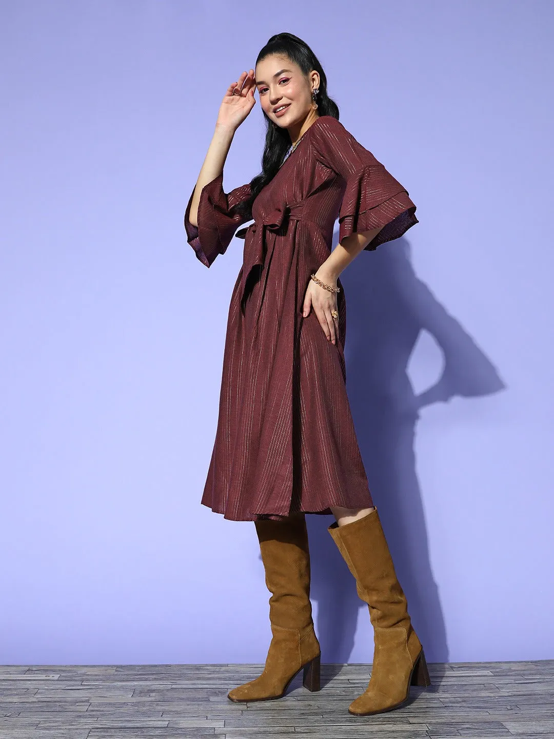 Women Maroon Cotton Lurex Dress