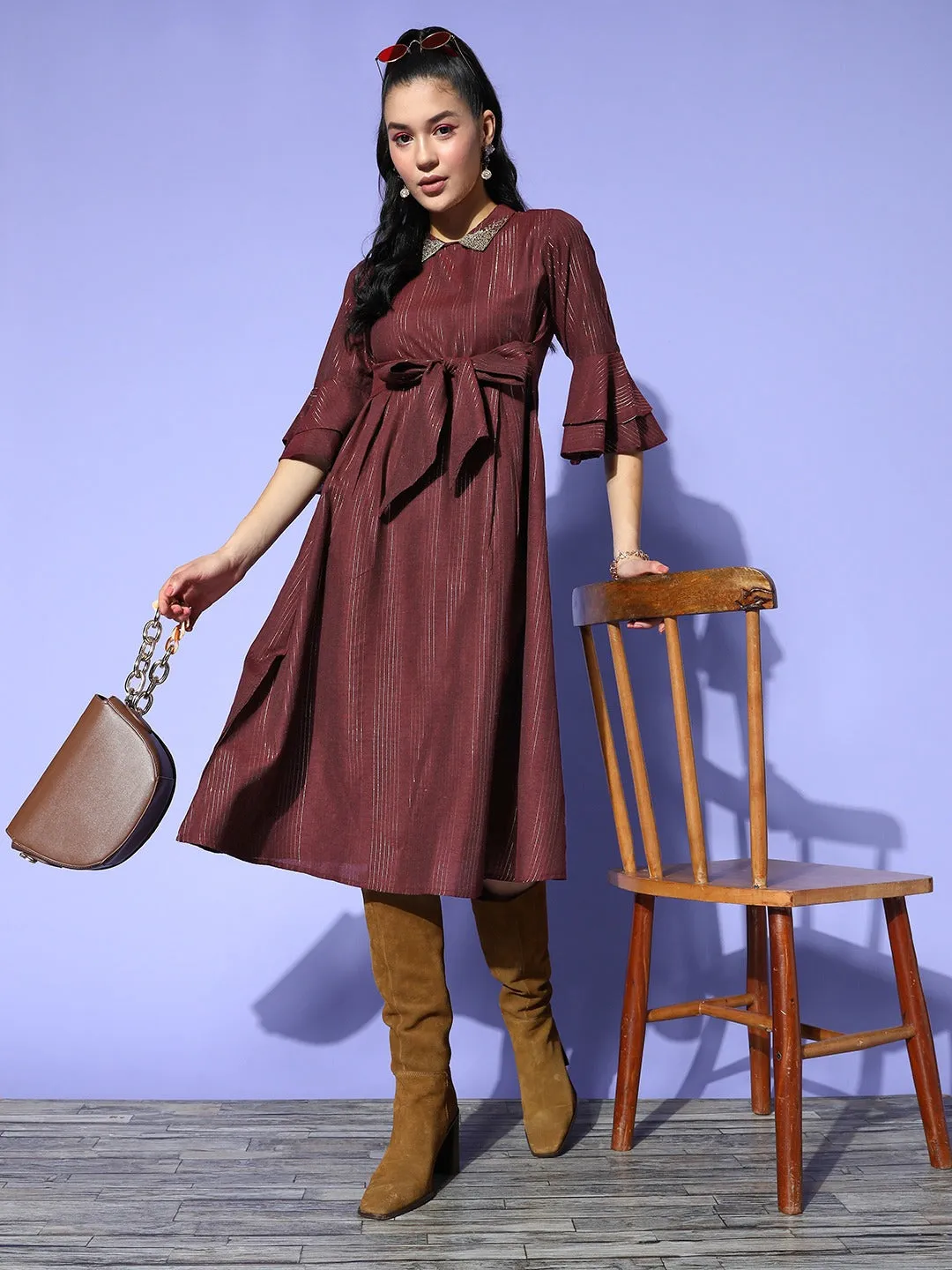 Women Maroon Cotton Lurex Dress