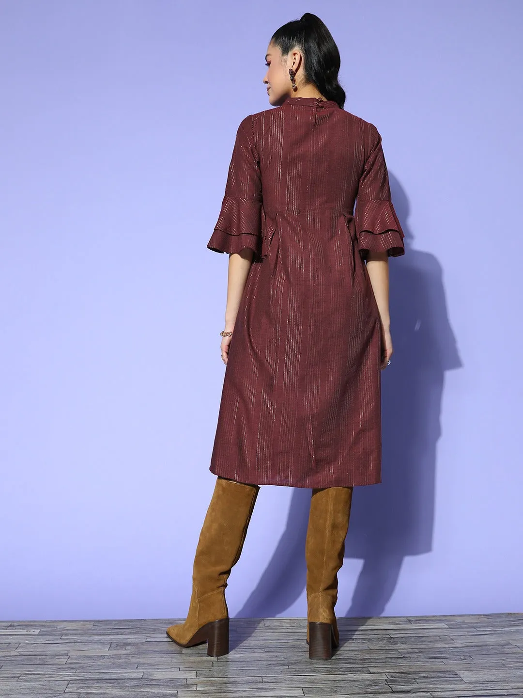 Women Maroon Cotton Lurex Dress