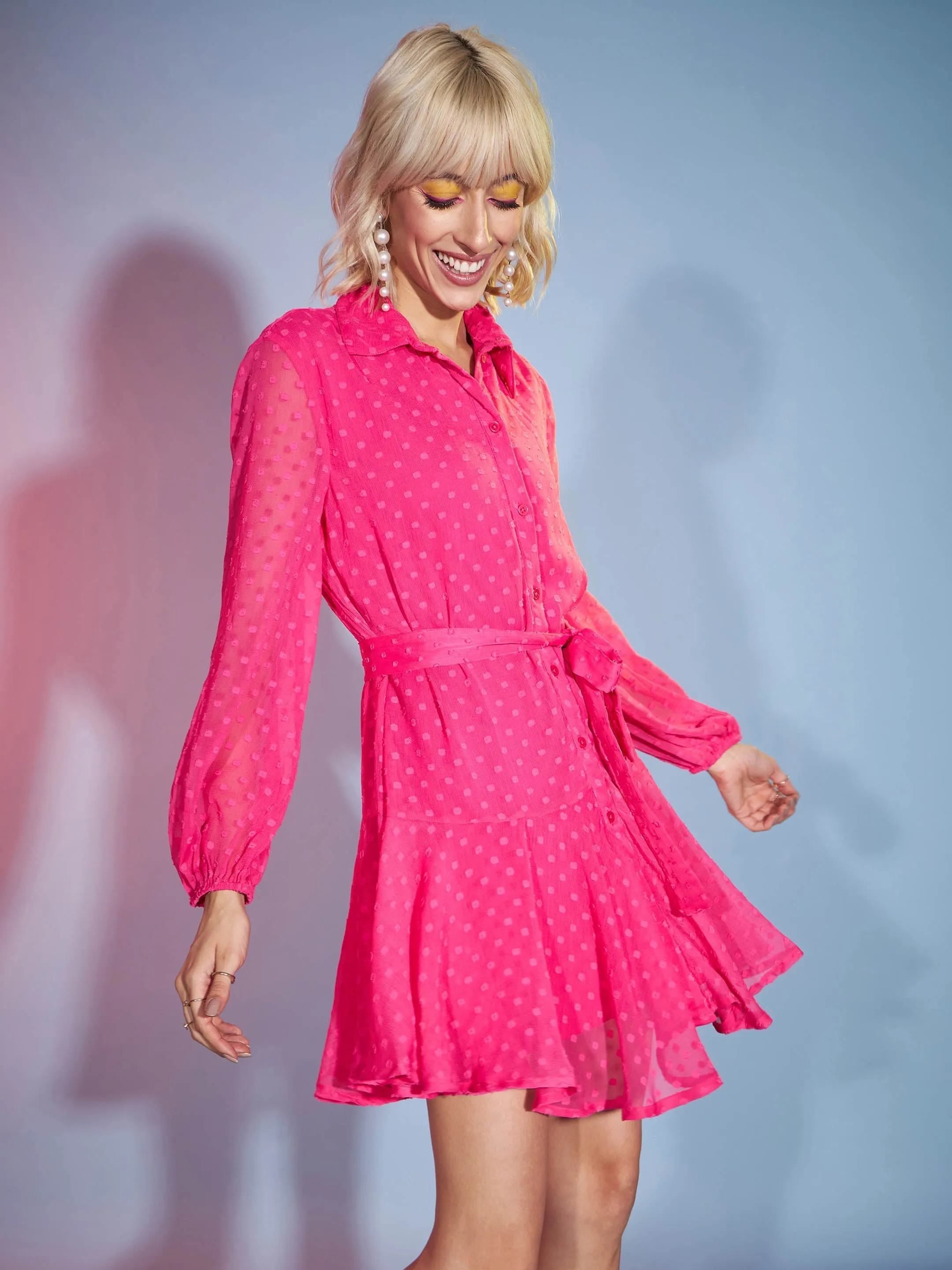 Women Pink Dobby Flared Skater Dress