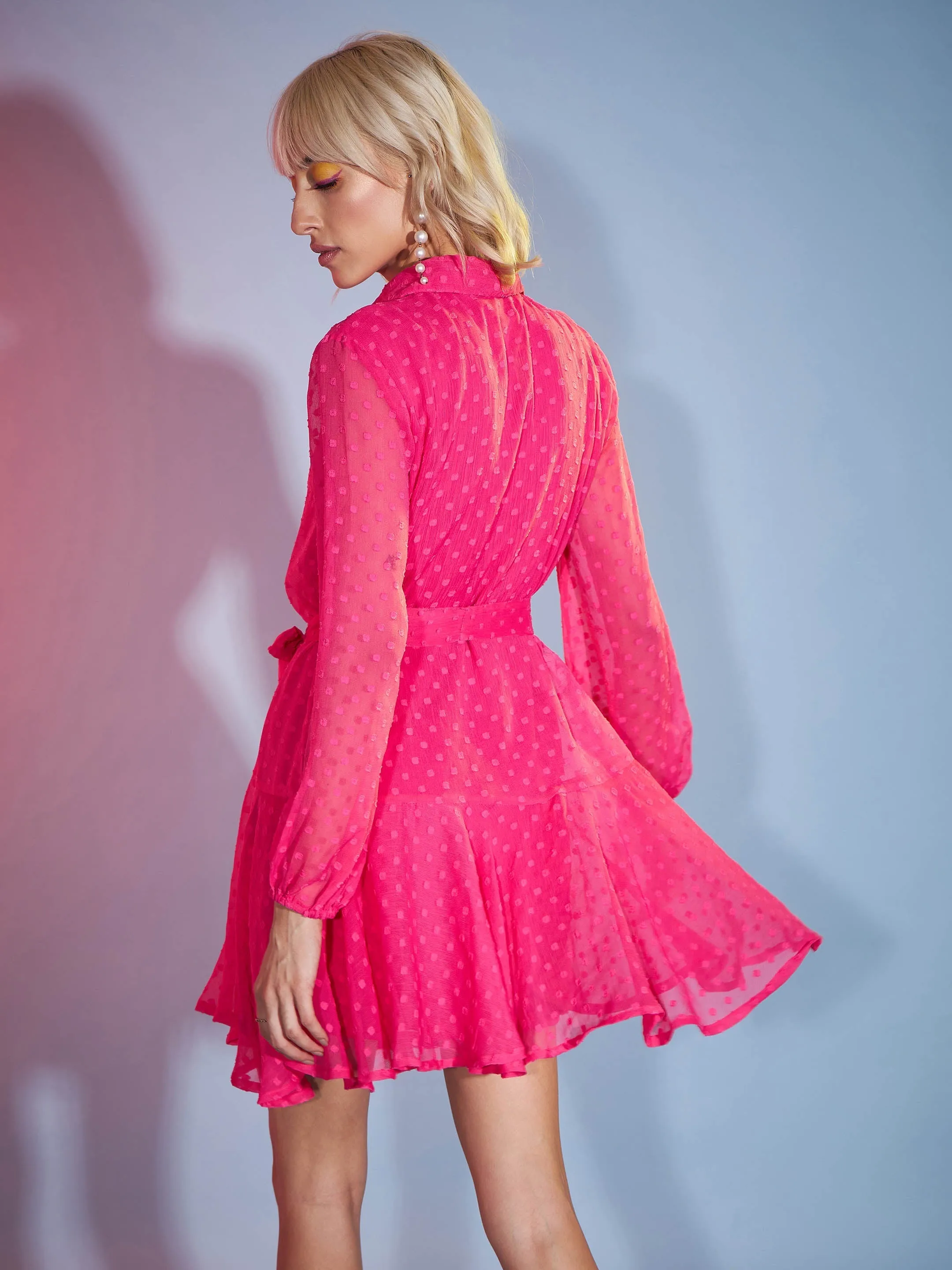Women Pink Dobby Flared Skater Dress