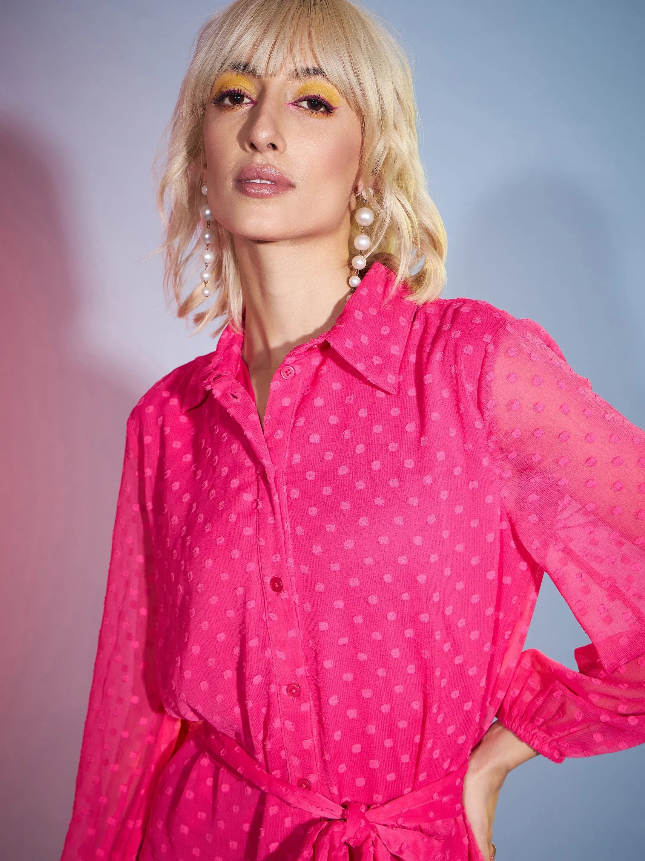 Women Pink Dobby Flared Skater Dress