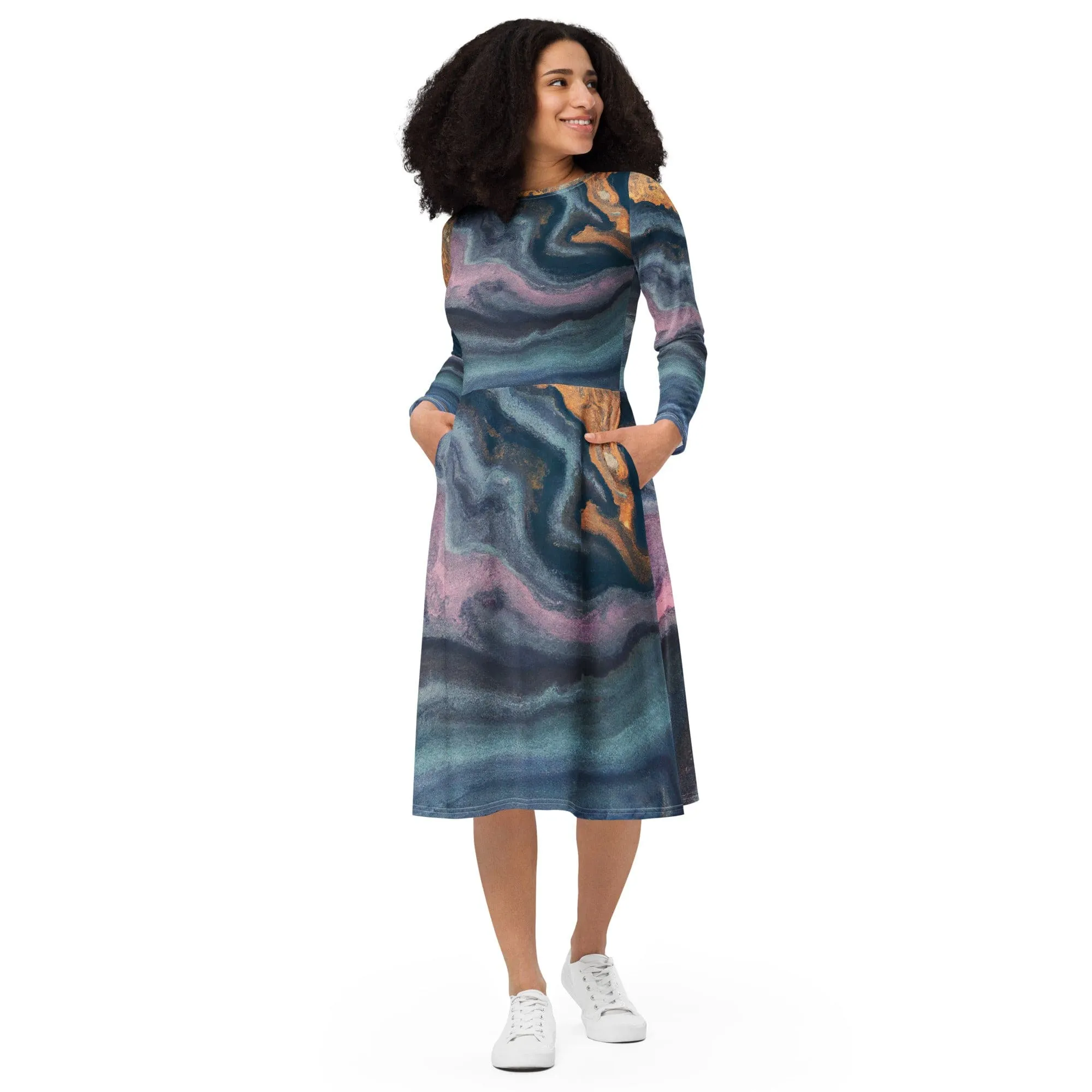 Womens Long Sleeve Midi Dress - Blue Pink Marble Swirl Print