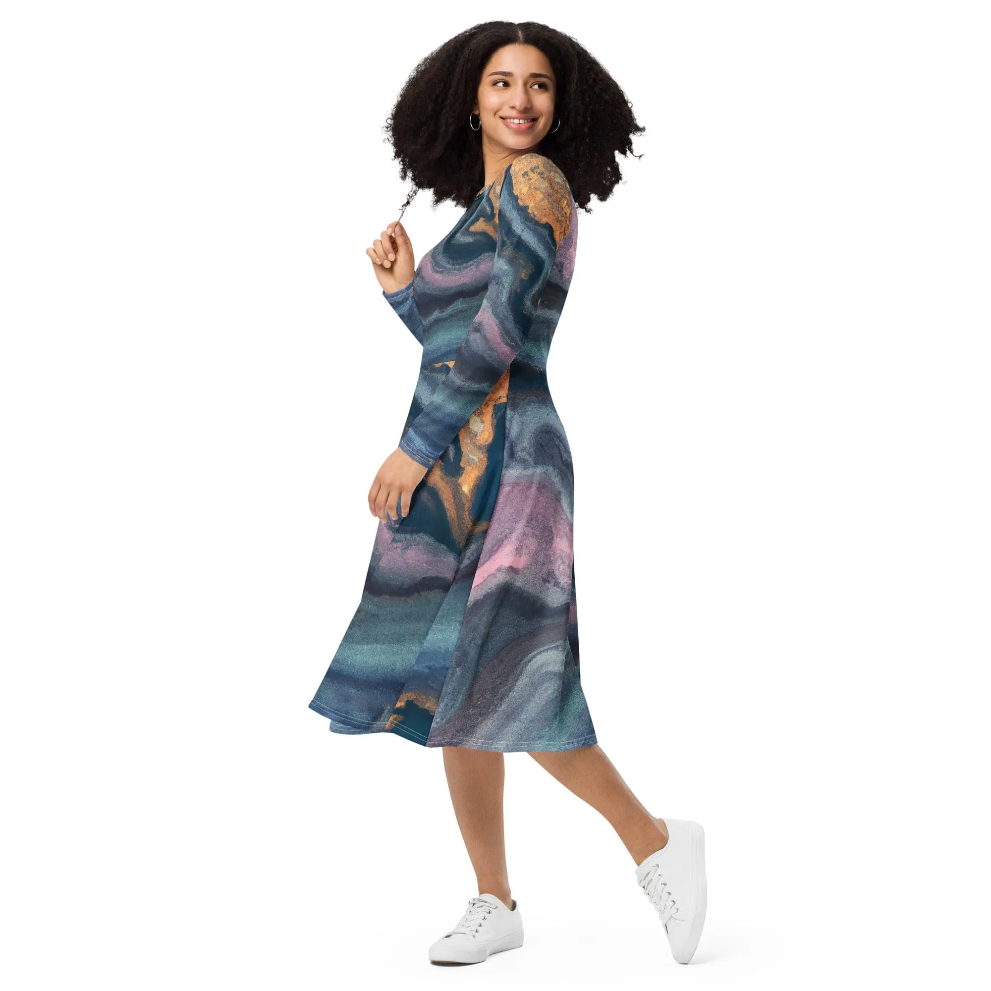 Womens Long Sleeve Midi Dress - Blue Pink Marble Swirl Print