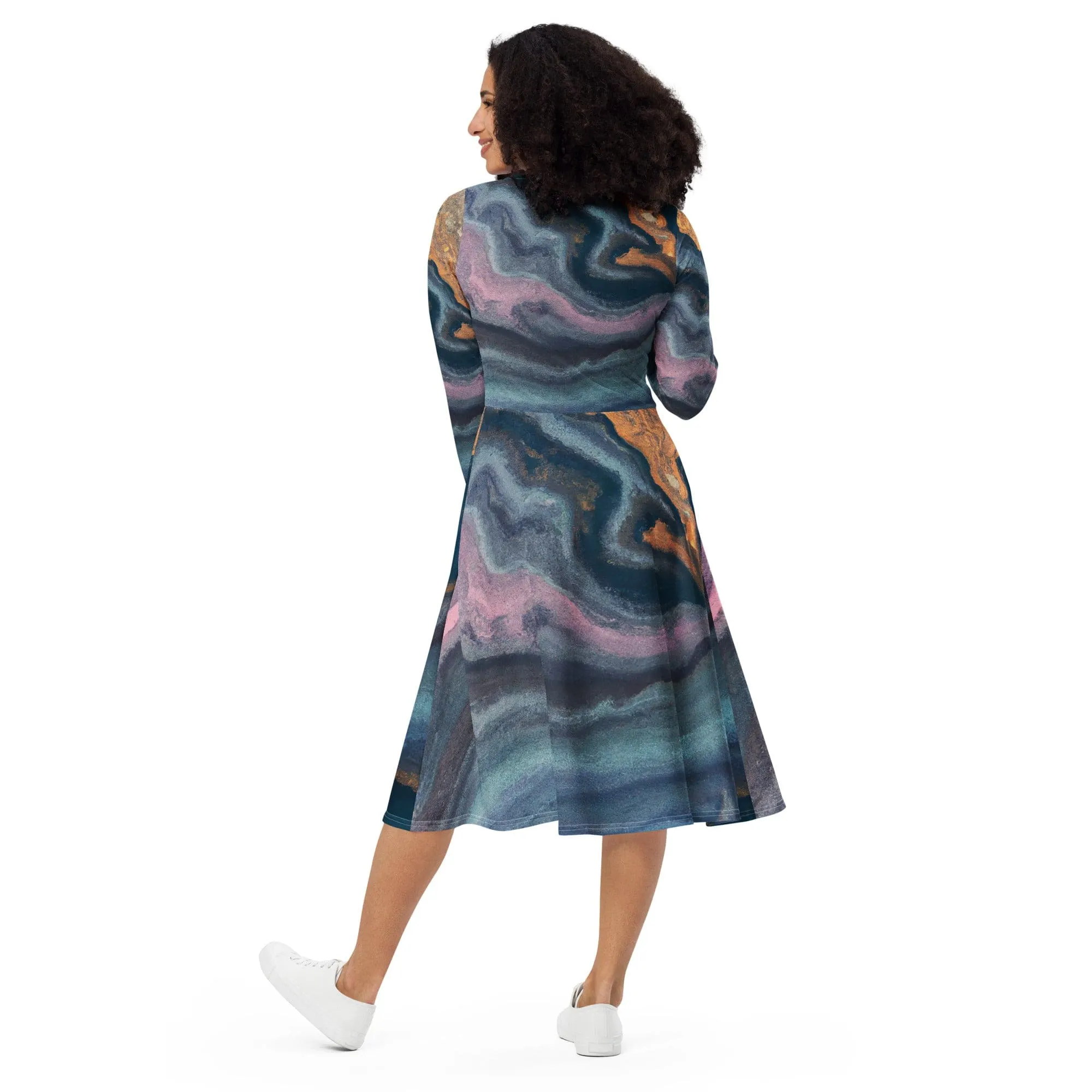 Womens Long Sleeve Midi Dress - Blue Pink Marble Swirl Print