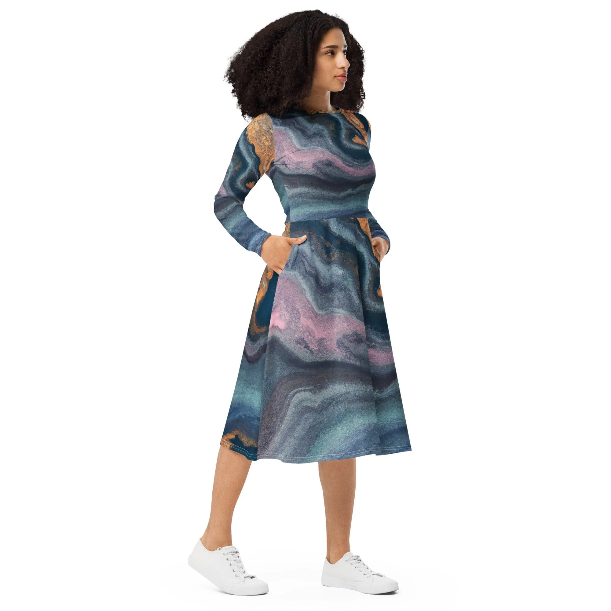 Womens Long Sleeve Midi Dress - Blue Pink Marble Swirl Print