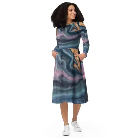Womens Long Sleeve Midi Dress - Blue Pink Marble Swirl Print