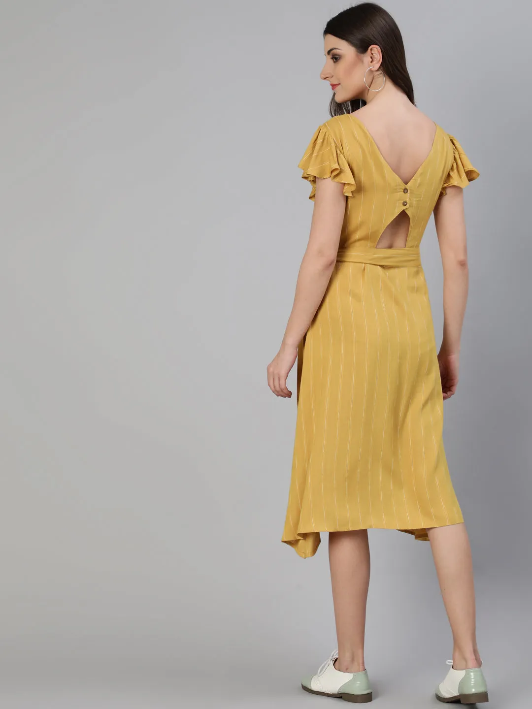 Yellow Self Weave Rayon Flared Dress With Belt