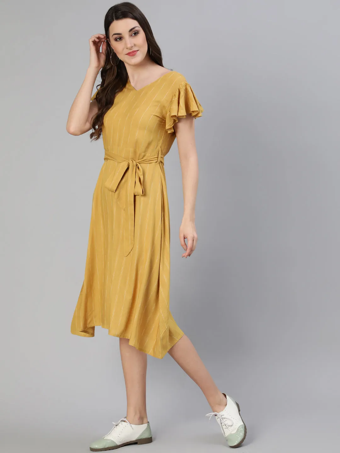 Yellow Self Weave Rayon Flared Dress With Belt