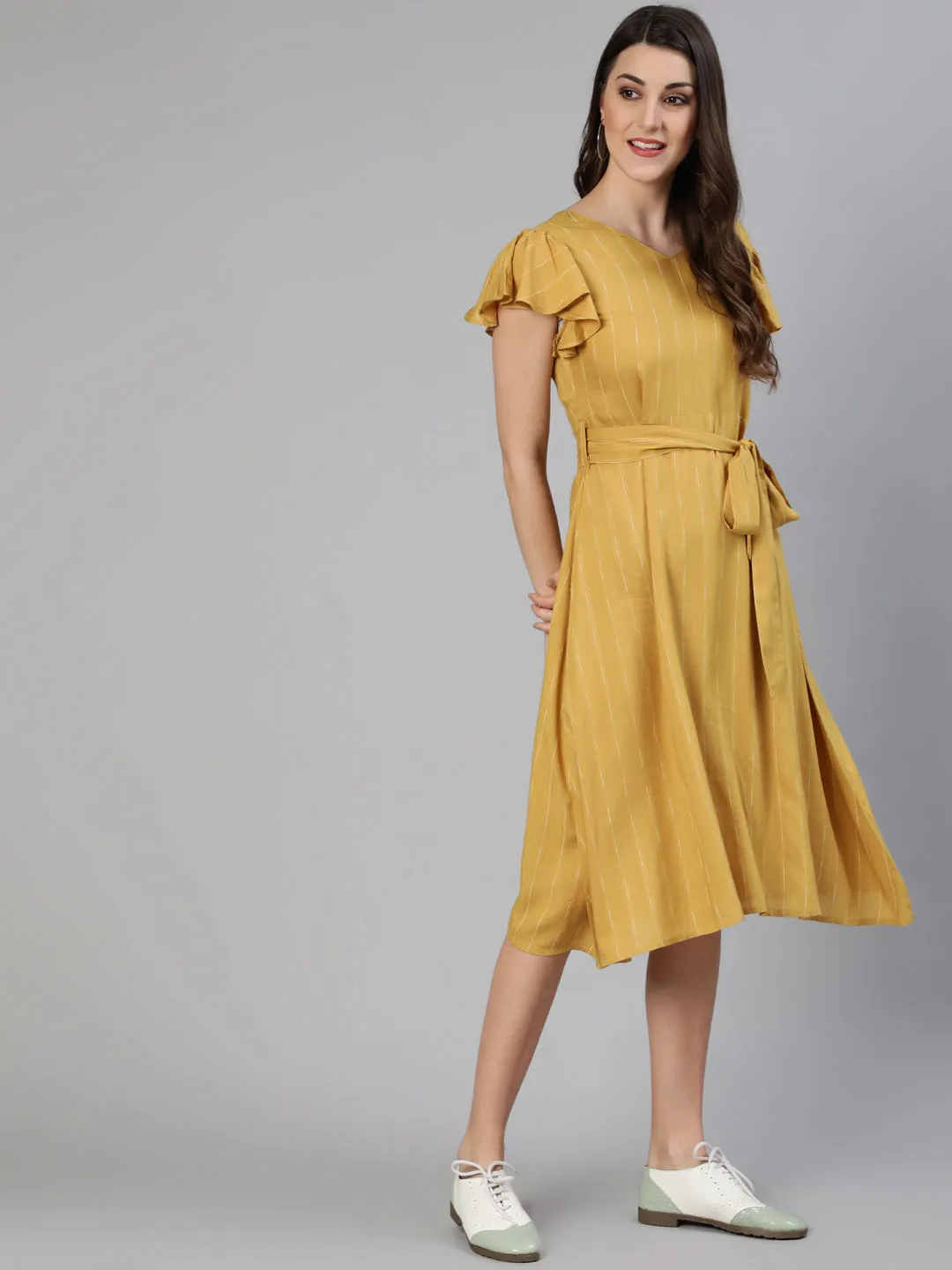 Yellow Self Weave Rayon Flared Dress With Belt